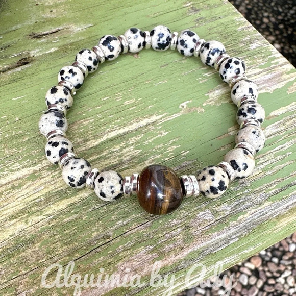 Dalmatian jasper beaded bracelet - Picture 1 of 6
